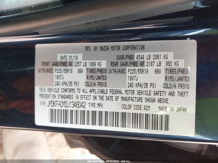 2018 Mazda Cx-5 VIN JM3KFACM3J1346042 IAAI salvage auction — FRONT END, Salvage (North Carolina), sold $4,350 on 2026-07-13 (photo 9)