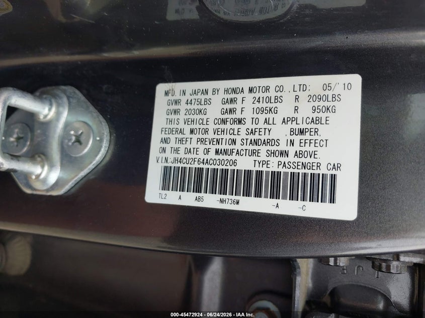 2010 Acura Tsx VIN JH4CU2F64AC030206 IAAI salvage auction — FRONT END, Salvage (Georgia), sold $250 on 2026-07-28 (photo 9)