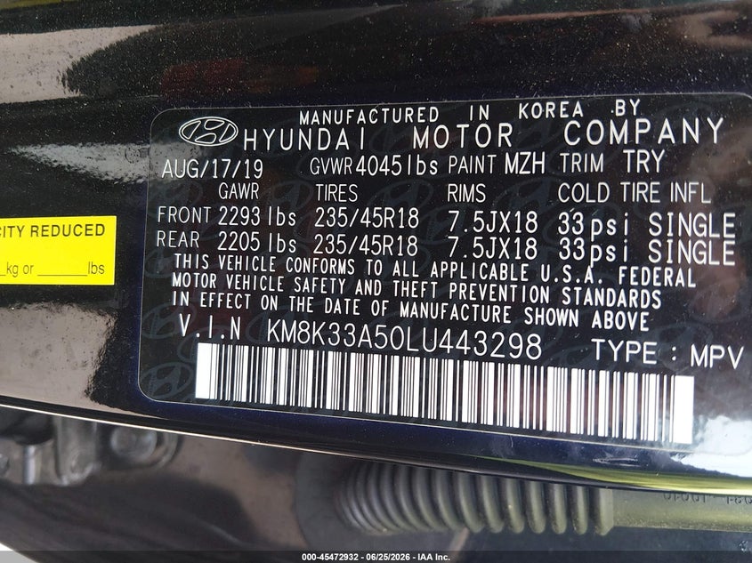 2020 Hyundai Kona VIN KM8K33A50LU443298 IAAI salvage auction — REAR END, Salvage (Ohio), sold $3,200 on 2026-07-21 (photo 9)