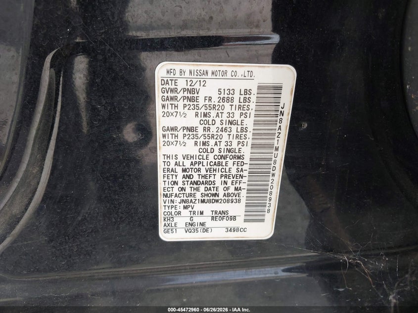 2013 Nissan Murano VIN JN8AZ1MU8DW208938 IAAI salvage auction — REAR END, Clear (Florida), sold $325 on 2026-07-23 (photo 9)