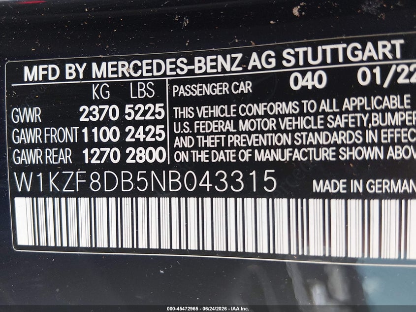 2022 Mercedes-benz E-klasse VIN W1KZF8DB5NB043315 IAAI salvage auction — FRONT END, Salvage Title, sold $13,100 on 2026-07-28 (photo 9)