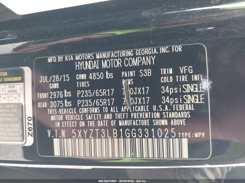 2016 Hyundai Santa fe VIN 5XYZT3LB1GG331025 IAAI salvage auction — WATER/FLOOD, Salvage (Texas), sold $1,750 on 2026-07-29 (photo 9)