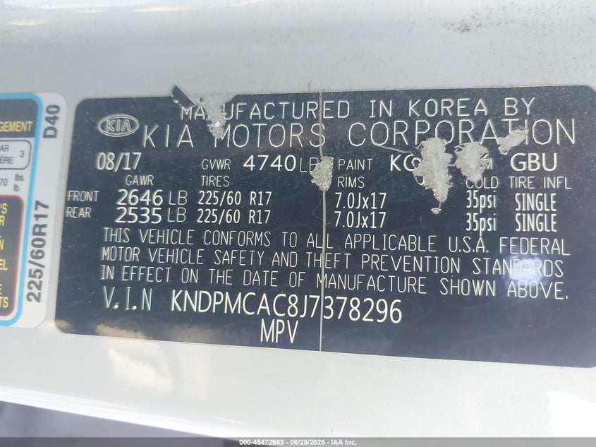 2018 Kia Sportage VIN KNDPMCAC8J7378296 IAAI salvage auction — REAR END, Bill Of Sale (Washington), sold $2,050 on 2026-07-21 (photo 9)