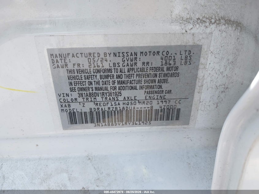 2024 Nissan Sentra VIN 3N1AB8DV1RY361925 IAAI salvage auction — HAIL, Original (Texas), sold $10,575 on 2026-08-19 (photo 9)