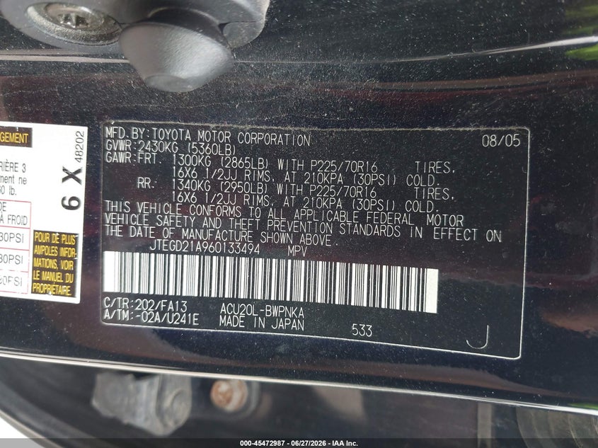 2006 Toyota Highlander VIN JTEGD21A960133494 IAAI salvage auction — NORMAL WEAR, Regular Certificate (Iowa), sold $500 on 2026-07-29 (photo 9)