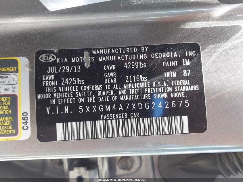 2013 Kia Optima VIN 5XXGM4A7XDG242675 IAAI salvage auction — LEFT FRONT, Salvage (Pennsylvania), sold $600 on 2026-07-28 (photo 9)