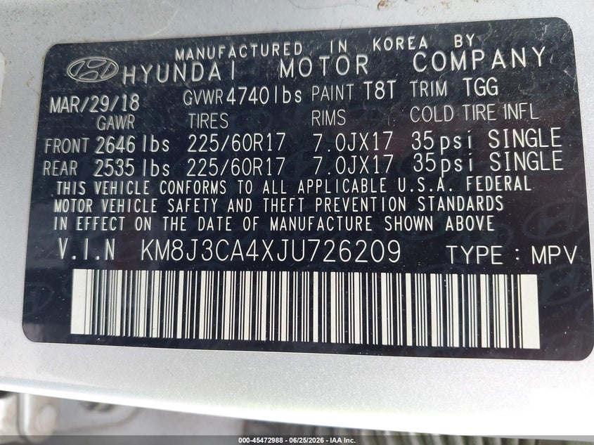 2018 Hyundai Tucson VIN KM8J3CA4XJU726209 IAAI salvage auction — NORMAL WEAR, Original (Maine), sold $4,450 on 2026-07-06 (photo 9)