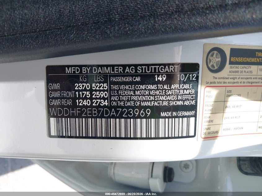 2013 Mercedes-benz VIN WDDHF2EB7DA723969 IAAI salvage auction — LEFT FRONT, Original (Texas), sold $6,300 on 2026-08-07 (photo 9)