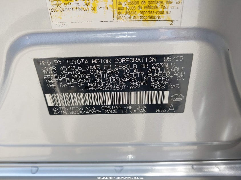 2006 Lexus Gs 300 VIN JTHBH96S765011697 IAAI salvage auction — FRONT & REAR, Salvage (California), sold $25 on 2026-07-21 (photo 9)