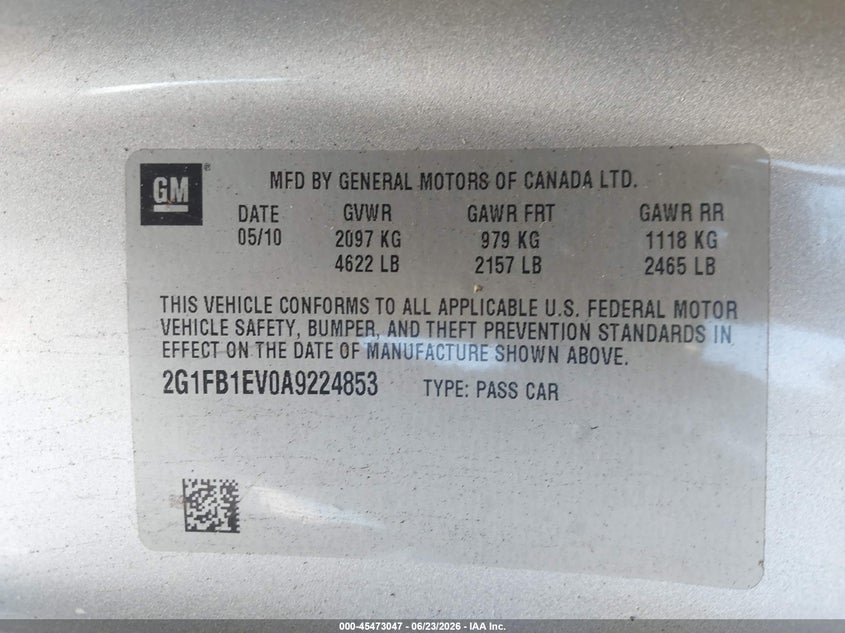 2010 Chevrolet Camaro VIN 2G1FB1EV0A9224853 IAAI salvage auction — UNKNOWN, Clear - Dealer Only (California), sold $650 on 2026-07-09 (photo 9)