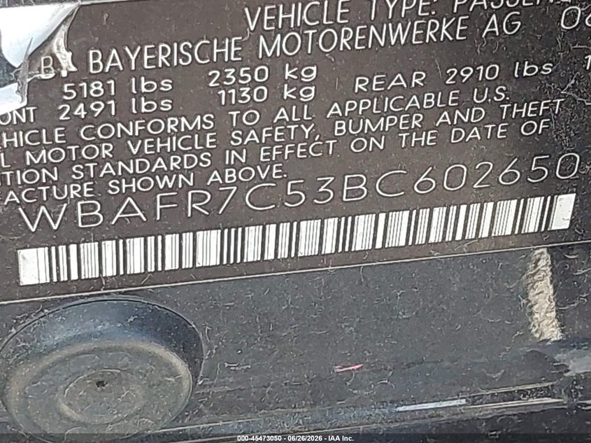 2011 BMW 5er VIN WBAFR7C53BC602650 IAAI salvage auction — REAR END, Original (Texas), sold $1,200 on 2026-07-31 (photo 9)