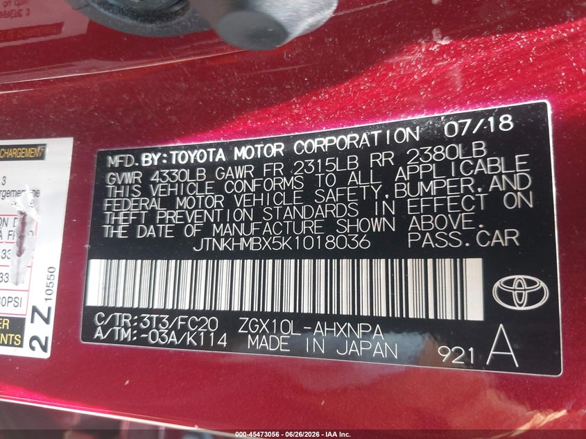 2019 Toyota C-hr VIN JTNKHMBX5K1018036 IAAI salvage auction — FRONT END, Salvage - Greater Than 75% (Maryland), sold $8,050 on 2026-07-15 (photo 9)