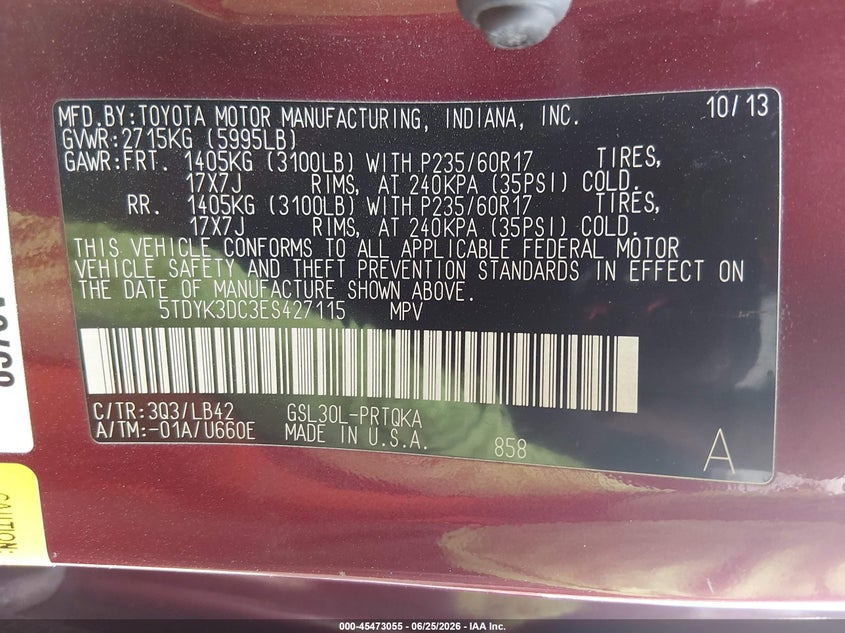 2014 Toyota Sienna VIN 5TDYK3DC3ES427115 IAAI salvage auction — FRONT END, Salvage (Arizona), sold $825 on 2026-07-21 (photo 9)