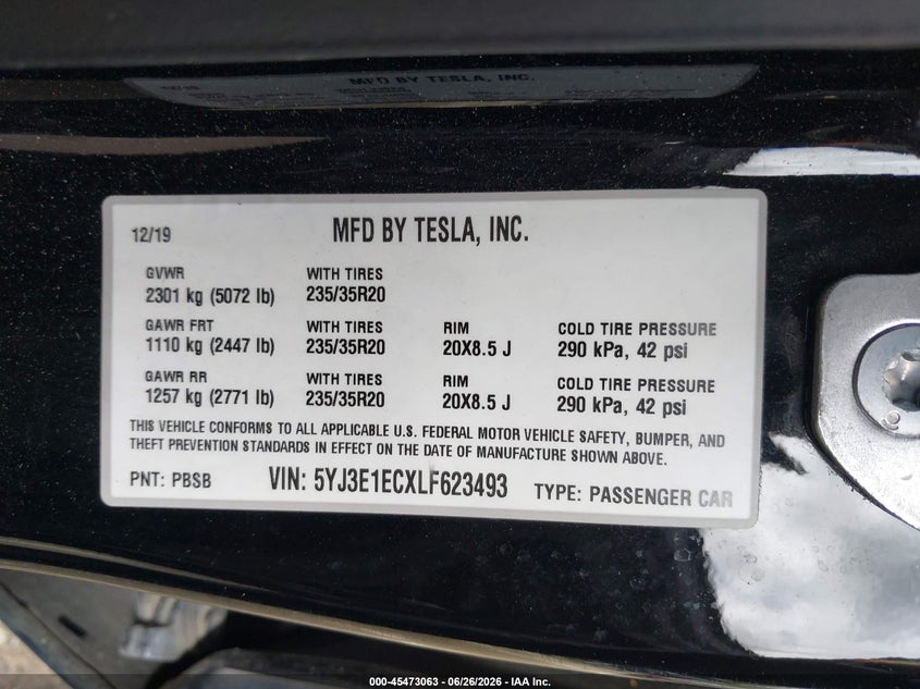 2020 Tesla Model 3 VIN 5YJ3E1ECXLF623493 IAAI salvage auction — LEFT SIDE, Bill Of Sale (Washington), sold $9,650 on 2026-07-09 (photo 9)