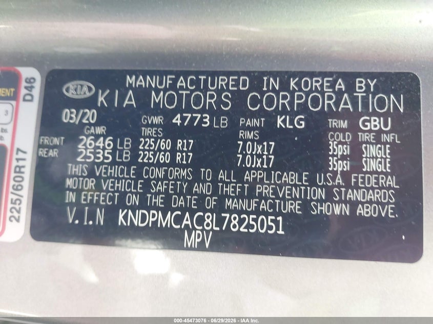 2020 Kia Sportage VIN KNDPMCAC8L7825051 IAAI salvage auction — NORMAL WEAR, Clear (Massachusetts), sold $4,100 on 2026-07-17 (photo 9)