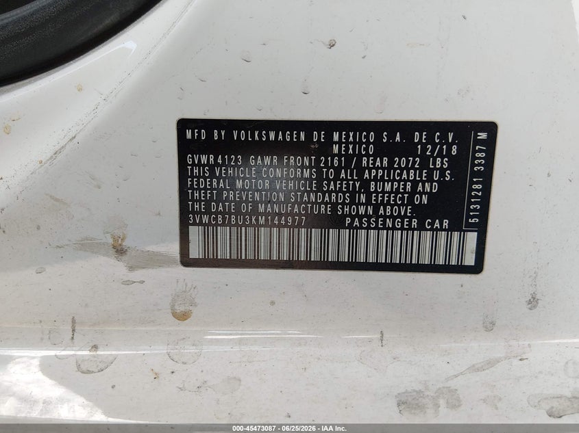 2019 Volkswagen Jetta VIN 3VWCB7BU3KM144977 IAAI salvage auction — LEFT FRONT, Salvage Title, sold $3,300 on 2026-07-27 (photo 9)