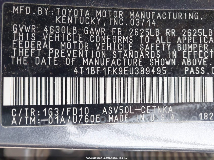 2014 Toyota Camry VIN 4T1BF1FK9EU389495 IAAI salvage auction — SIDE, Salvage (North Carolina), sold $900 on 2026-09-07 (photo 9)