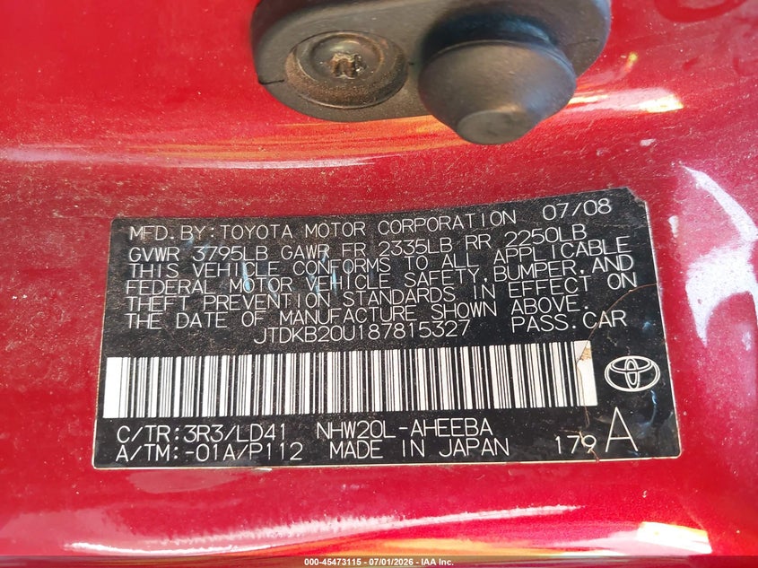 2008 Toyota Prius VIN JTDKB20U187815327 IAAI salvage auction — NORMAL WEAR, Clear - Dealer Only (California), sold $525 on 2026-07-29 (photo 9)