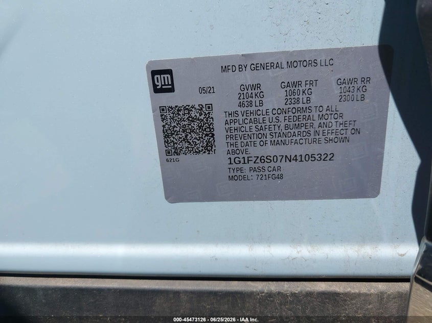 2022 Chevrolet Bolt euv VIN 1G1FZ6S07N4105322 IAAI salvage auction — REAR END, Mv-907A (New York), sold $8,200 on 2026-07-15 (photo 9)