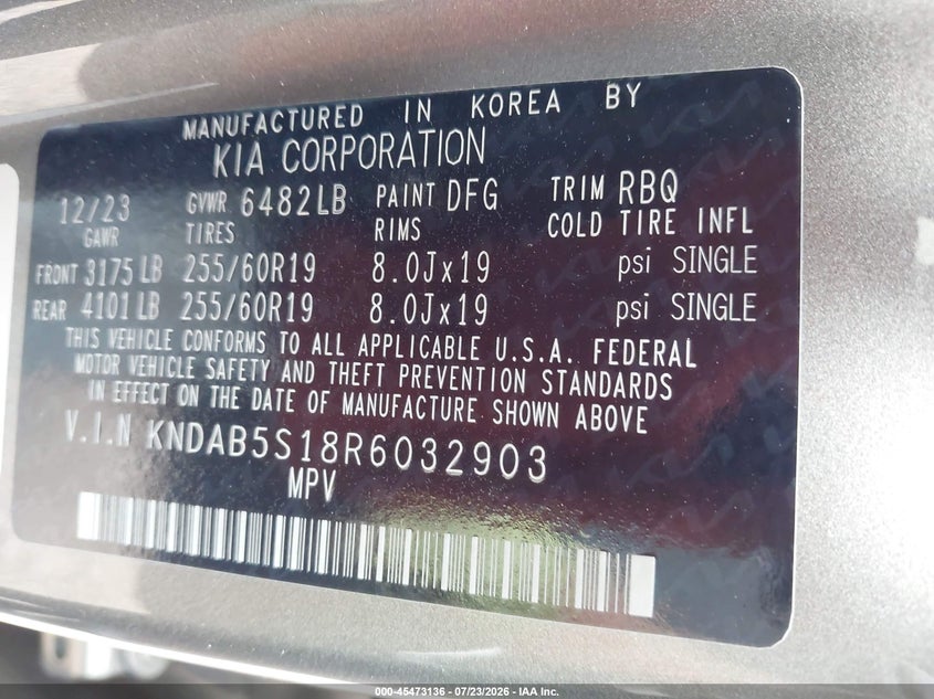 2024 Kia Ev9 VIN KNDAB5S18R6032903 IAAI salvage auction — FRONT END, Salvage Title, sold $19,400 on 2026-08-19 (photo 9)