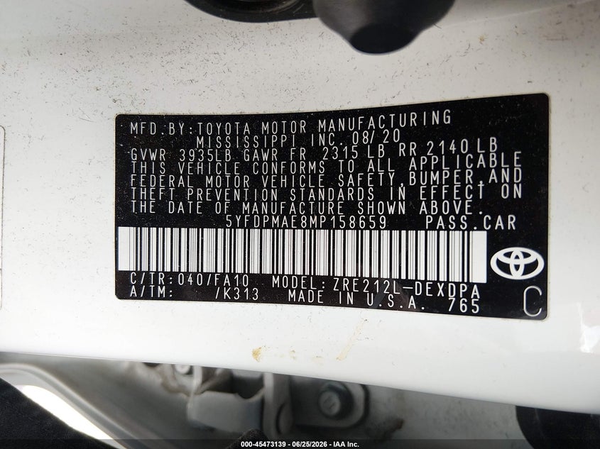 2021 Toyota Corolla VIN 5YFDPMAE8MP158659 IAAI salvage auction — FRONT END, Salvage (Ohio), sold $4,500 on 2026-07-28 (photo 9)