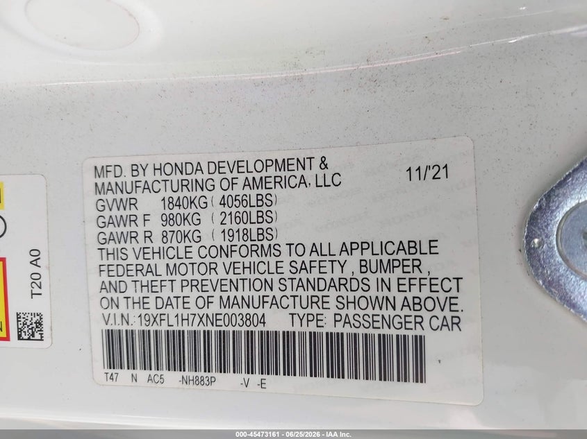 2022 Honda Civic VIN 19XFL1H7XNE003804 IAAI salvage auction — FRONT END, Salvage Certificate (California), sold $7,550 on 2026-07-10 (photo 9)