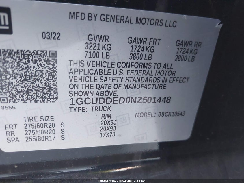 2022 Chevrolet Silverado VIN 1GCUDDED0NZ501448 IAAI salvage auction — REAR END, Salvage Title, sold $12,600 on 2026-07-29 (photo 9)