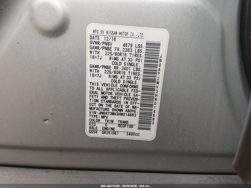 2017 Nissan Rogue VIN JN8AT2MV3HW014663 IAAI salvage auction — FRONT END, Salvage Title, sold $2,350 on 2026-07-28 (photo 9)