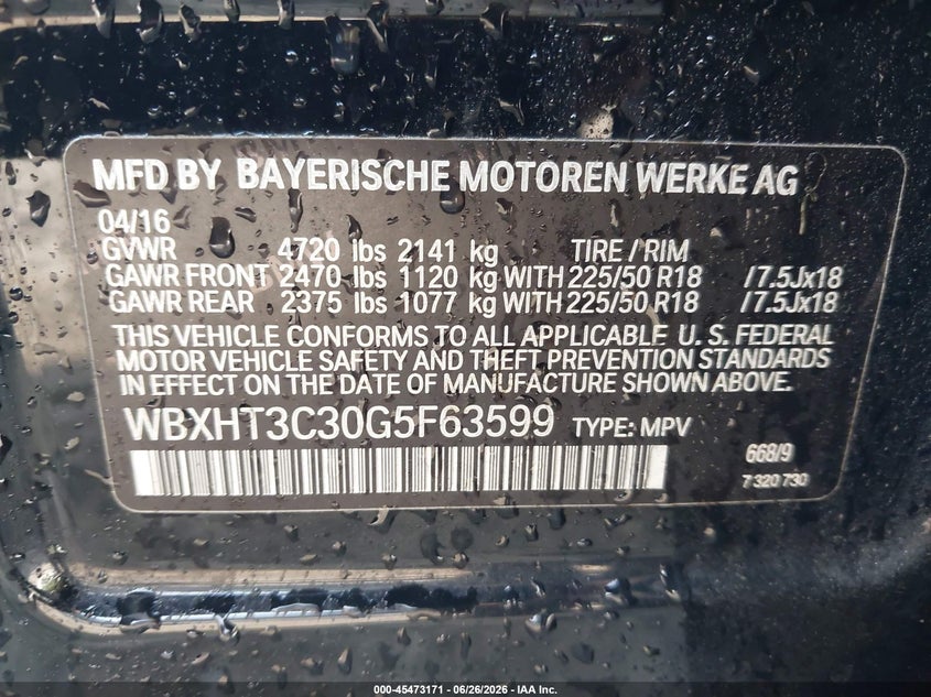 2016 BMW X1 VIN WBXHT3C30G5F63599 IAAI salvage auction — RIGHT FRONT, Salvage (Georgia), sold $725 on 2026-07-23 (photo 9)
