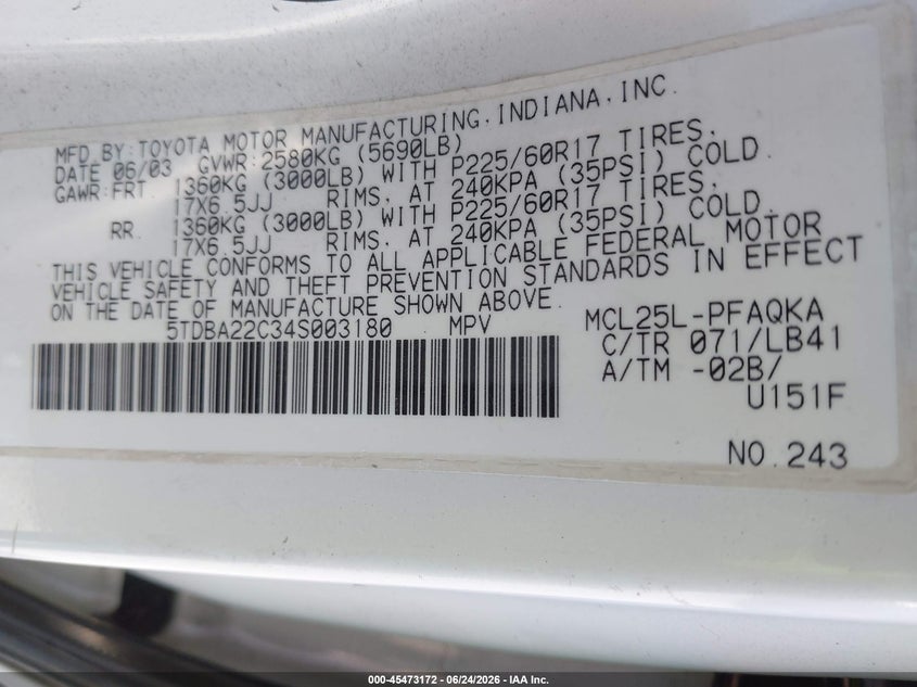 2004 Toyota Sienna VIN 5TDBA22C34S003180 IAAI salvage auction — NORMAL WEAR, Clear - Dealer Only (California), sold $675 on 2026-07-13 (photo 9)