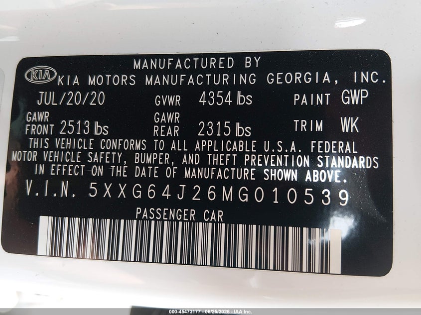 2021 Kia K5 VIN 5XXG64J26MG010539 IAAI salvage auction — FRONT END, Salvage Title, sold $4,800 on 2026-07-26 (photo 9)