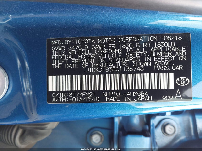 2016 Toyota Prius c VIN JTDKDTB38G1136743 IAAI salvage auction — LEFT FRONT, Salvage Certificate (California), sold $1,525 on 2026-07-22 (photo 9)