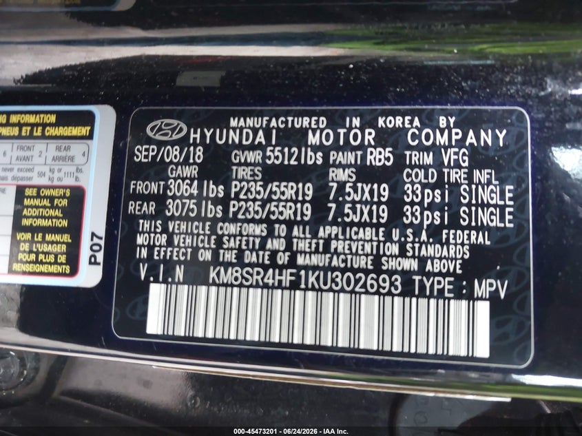 2019 Hyundai Santa fe VIN KM8SR4HF1KU302693 IAAI salvage auction — FRONT END, Salvage (Virginia), sold $2,600 on 2026-07-28 (photo 9)