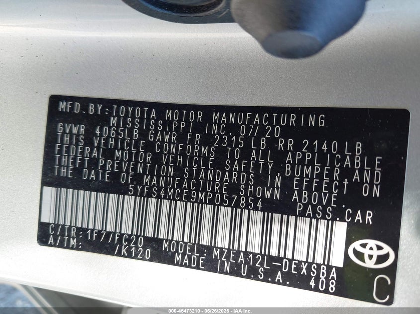 2021 Toyota Corolla VIN 5YFS4MCE9MP057854 IAAI salvage auction — RIGHT REAR, Salvage Title, sold $5,100 on 2026-07-22 (photo 9)