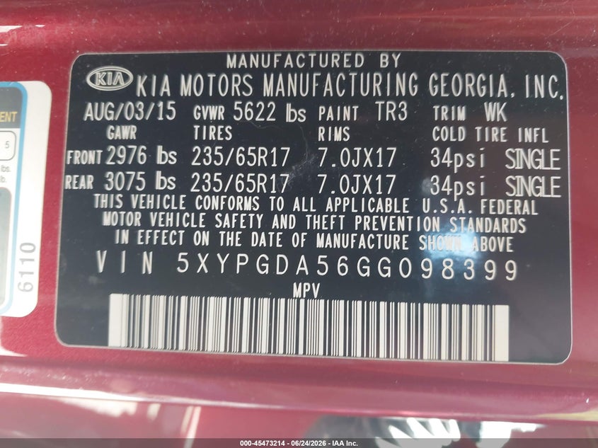 2016 Kia Sorento VIN 5XYPGDA56GG098399 IAAI salvage auction — SIDE, Salvage Title, sold $1,850 on 2026-07-31 (photo 9)