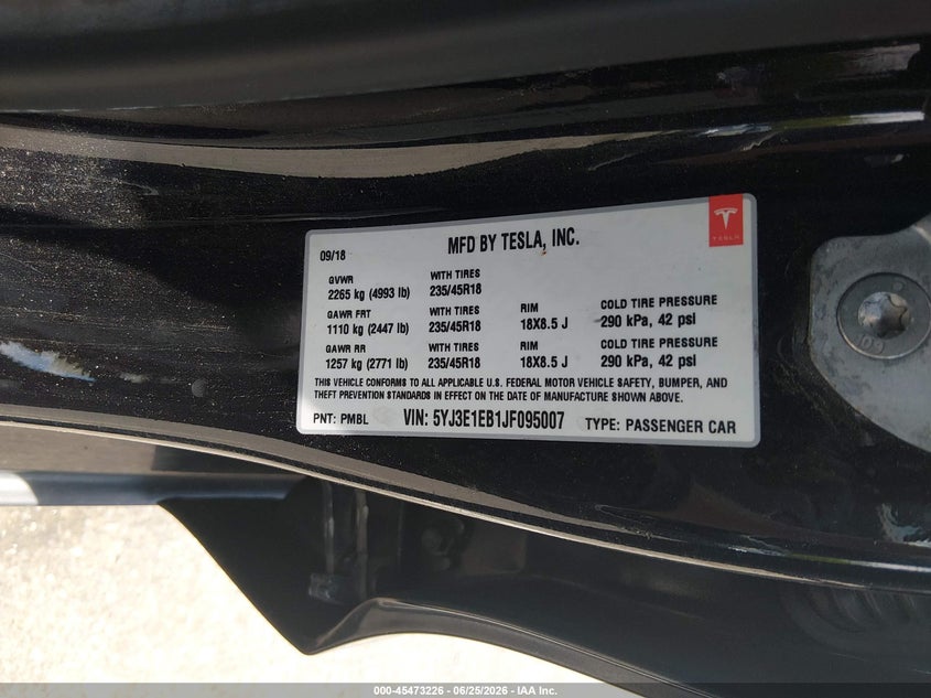 2018 Tesla Model 3 VIN 5YJ3E1EB1JF095007 IAAI salvage auction — FRONT END, Salvage (New Jersey), sold $5,600 on 2026-07-30 (photo 9)