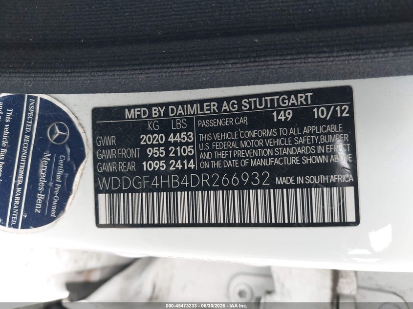 2013 Mercedes-benz C-klasse VIN WDDGF4HB4DR266932 IAAI salvage auction — LEFT FRONT, Salvage Title, sold $1,200 on 2026-08-14 (photo 9)
