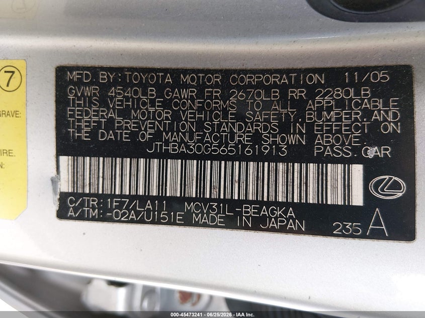 2006 Lexus ES VIN JTHBA30G565161913 IAAI salvage auction — NORMAL WEAR, Clear (New Jersey), sold $550 on 2026-07-07 (photo 9)