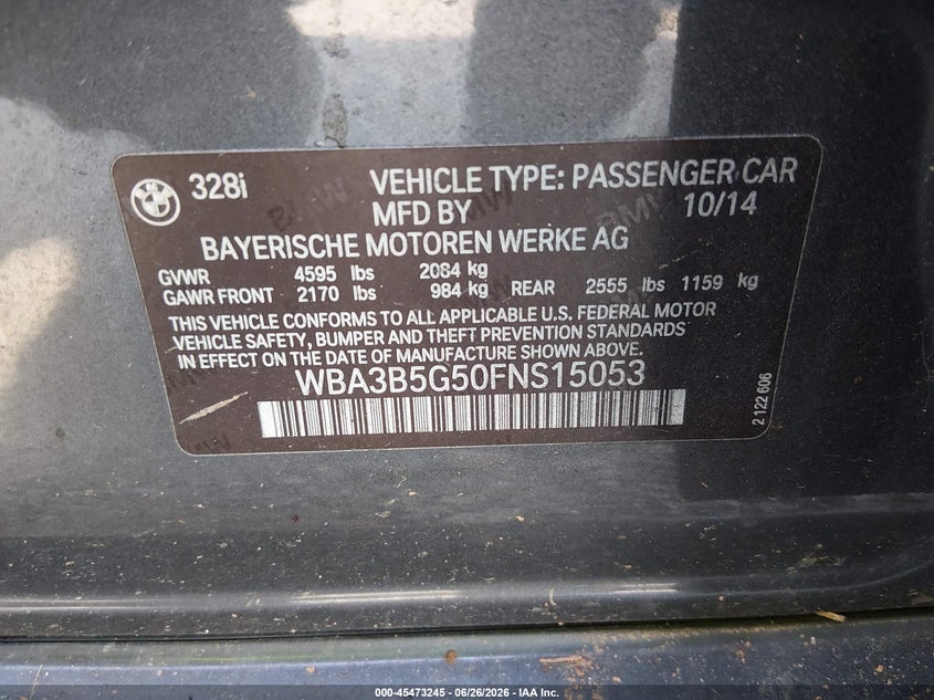 2015 BMW 3er VIN WBA3B5G50FNS15053 IAAI salvage auction — ROLLOVER, Salvage Title, sold $350 on 2026-08-14 (photo 9)
