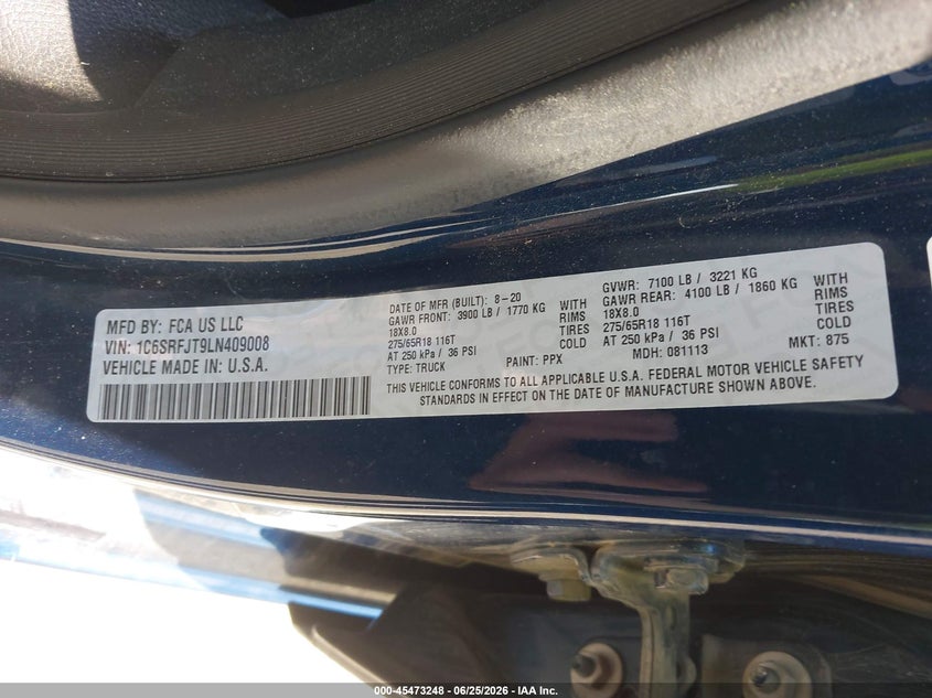 2020 Ram 1500 VIN 1C6SRFJT9LN409008 IAAI salvage auction — FRONT END, Salvage (Virginia), sold $13,700 on 2026-07-09 (photo 9)