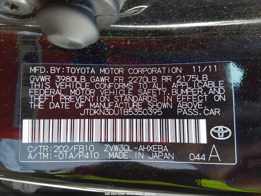 2011 Toyota Prius VIN JTDKN3DU1B5350395 IAAI salvage auction — NORMAL WEAR, Clear (Tennessee), sold $625 on 2026-07-30 (photo 9)