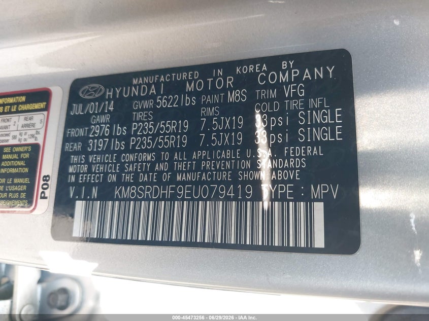 2014 Hyundai Santa fe VIN KM8SRDHF9EU079419 IAAI salvage auction — NORMAL WEAR, Clear (New Jersey), sold $2,350 on 2026-07-06 (photo 9)