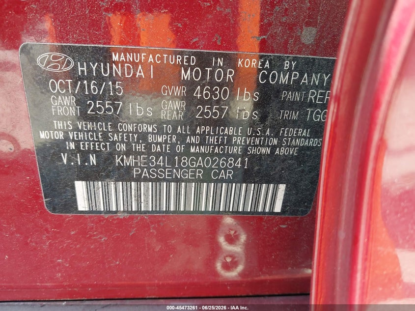 2016 Hyundai Sonata VIN KMHE34L18GA026841 IAAI salvage auction — NORMAL WEAR, Clear-Dealer Only (North Carolina), sold $975 on 2026-07-28 (photo 9)