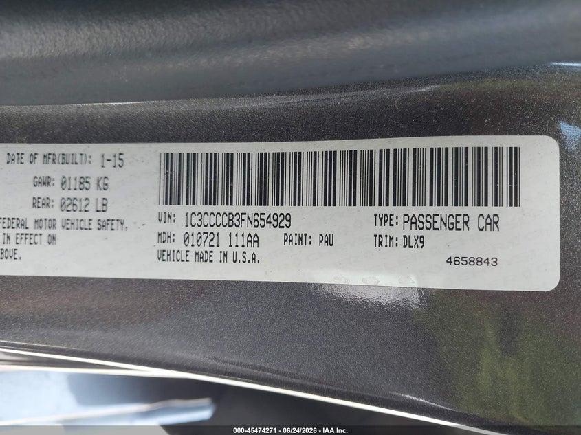 2015 Chrysler 200 VIN 1C3CCCCB3FN654929 IAAI salvage auction — NORMAL WEAR, Clear - Dealer Only (California), sold $200 on 2026-07-11 (photo 9)