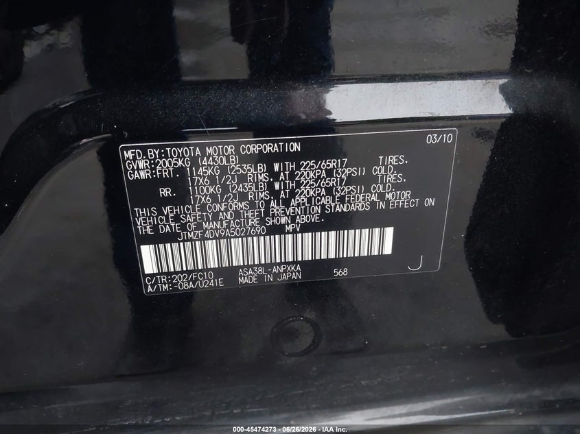 2010 Toyota Rav4 VIN JTMZF4DV9A5027690 IAAI salvage auction — FRONT END, Salvage Certificate (California), sold $1,800 on 2026-07-17 (photo 9)