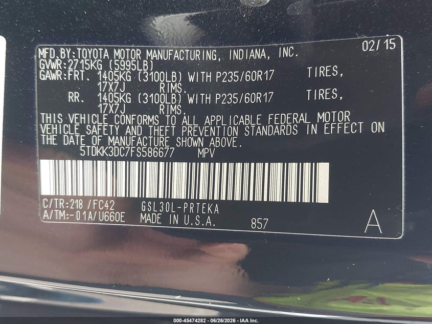 2015 Toyota Sienna VIN 5TDKK3DC7FS586677 IAAI salvage auction — LEFT FRONT, Salvage Title, sold $4,050 on 2026-07-17 (photo 9)