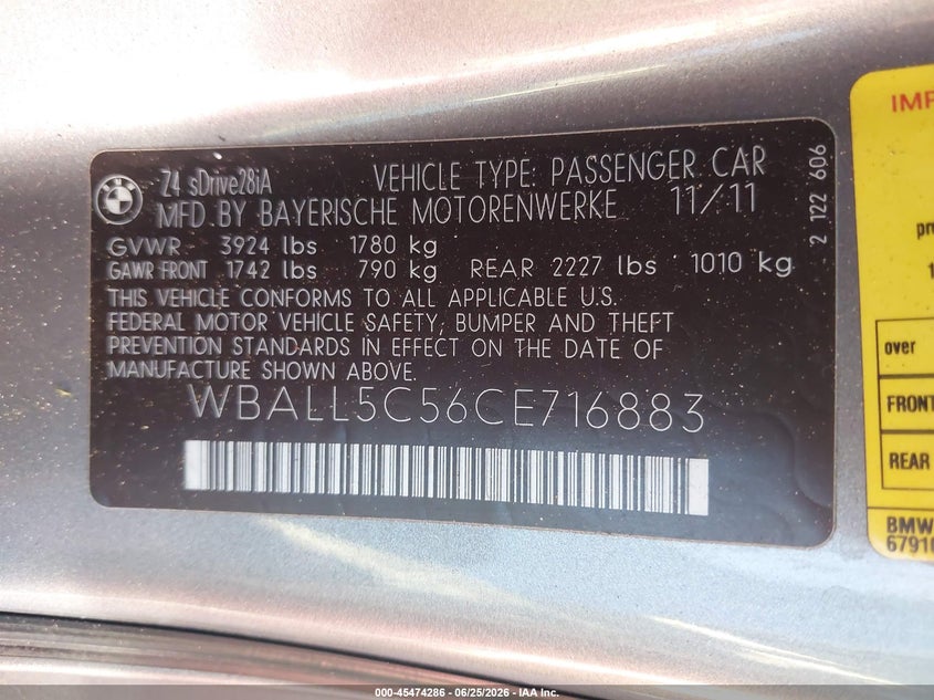 2012 BMW Z4 VIN WBALL5C56CE716883 IAAI salvage auction — RIGHT FRONT, Salvage (Arizona), sold $1,250 on 2026-07-28 (photo 9)