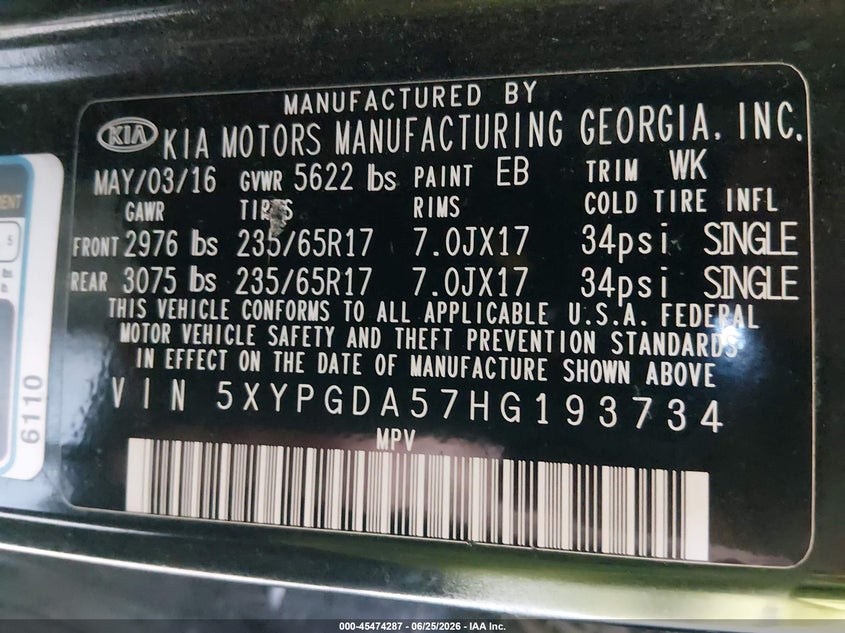 2017 Kia Sorento VIN 5XYPGDA57HG193734 IAAI salvage auction — NORMAL WEAR, Original (Alaska), sold $1,550 on 2026-07-10 (photo 9)