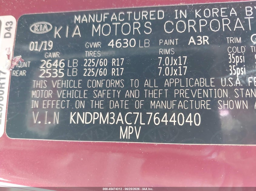 2020 Kia Sportage VIN KNDPM3AC7L7644040 IAAI salvage auction — LEFT SIDE, Salvage Title, sold $25 on 2026-07-27 (photo 9)
