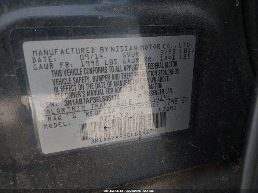 2014 Nissan Sentra VIN 3N1AB7AP3EL685174 IAAI salvage auction — NORMAL WEAR, Original (Texas), sold $300 on 2026-07-22 (photo 9)